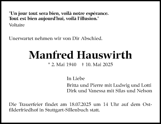 Traueranzeige von Manfred Hauswirth von Stuttgarter Zeitung / Stuttgarter Nachrichten