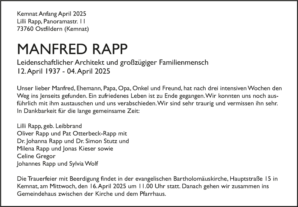  Traueranzeige für Manfred Rapp vom 10.04.2025 aus Stuttgarter Zeitung / Stuttgarter Nachrichten