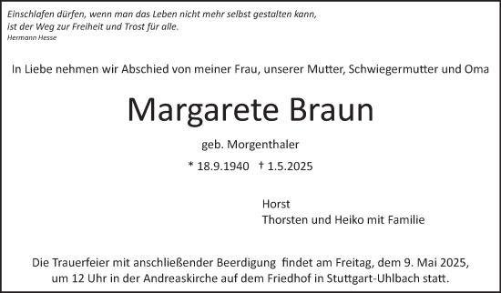 Traueranzeige von Margarete Braun von Stuttgarter Zeitung / Stuttgarter Nachrichten