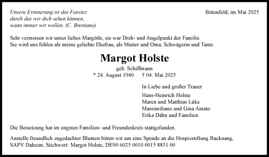 Traueranzeige von Margot Holste von Stuttgarter Zeitung / Stuttgarter Nachrichten
