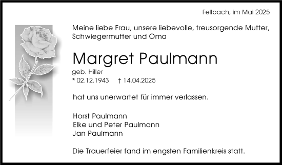 Traueranzeige von Margret Paulmann von Stuttgarter Zeitung / Stuttgarter Nachrichten