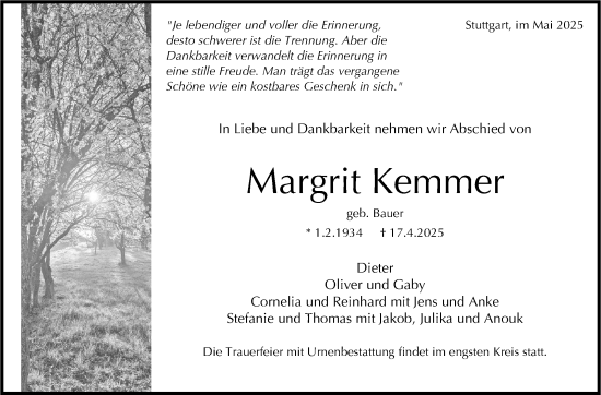 Traueranzeige von Margrit Kemmer von Stuttgarter Zeitung / Stuttgarter Nachrichten