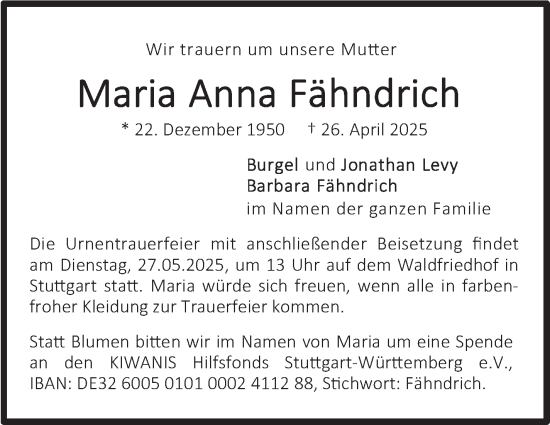 Traueranzeige von Maria Anna Fähndrich von Stuttgarter Zeitung / Stuttgarter Nachrichten