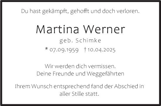 Traueranzeige von Martina Werner von Stuttgarter Zeitung / Stuttgarter Nachrichten