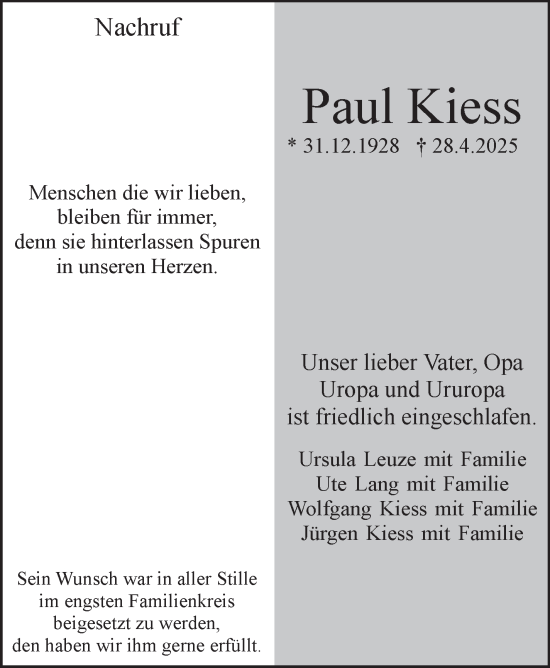 Traueranzeige von Paul Kiess von Stuttgarter Zeitung / Stuttgarter Nachrichten