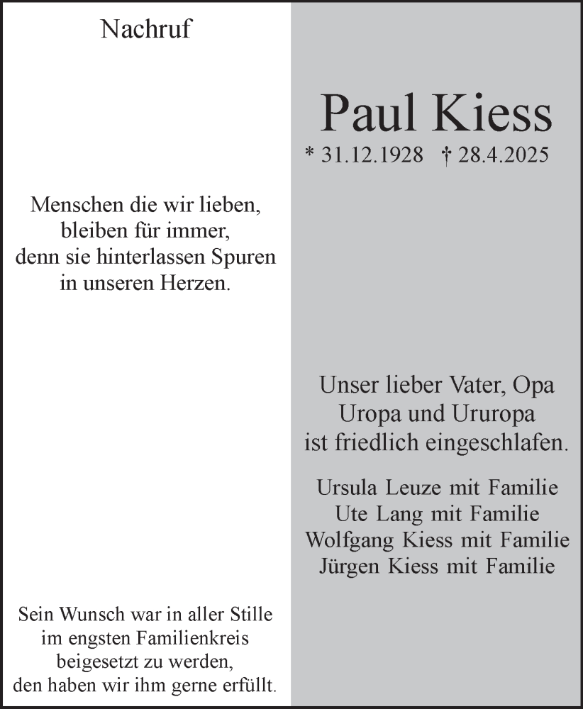  Traueranzeige für Paul Kiess vom 15.05.2025 aus Stuttgarter Zeitung / Stuttgarter Nachrichten