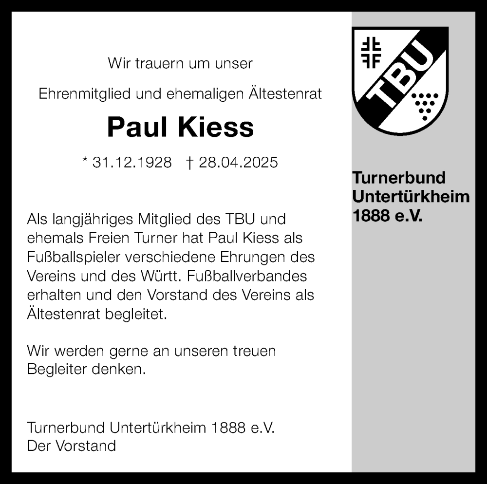  Traueranzeige für Paul Kiess vom 17.05.2025 aus Stuttgarter Zeitung / Stuttgarter Nachrichten