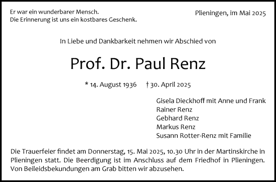 Traueranzeige von Paul Renz von Stuttgarter Zeitung / Stuttgarter Nachrichten