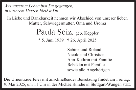 Traueranzeige von Paula Seiz von Stuttgarter Zeitung / Stuttgarter Nachrichten