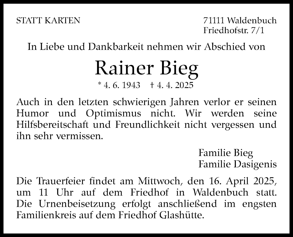  Traueranzeige für Rainer Bieg vom 11.04.2025 aus Stuttgarter Zeitung / Stuttgarter Nachrichten