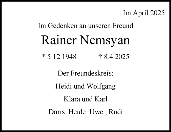 Traueranzeige von Rainer Nemsyan von Stuttgarter Zeitung / Stuttgarter Nachrichten