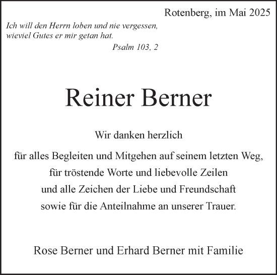 Traueranzeige von Reiner Berner von Stuttgarter Zeitung / Stuttgarter Nachrichten