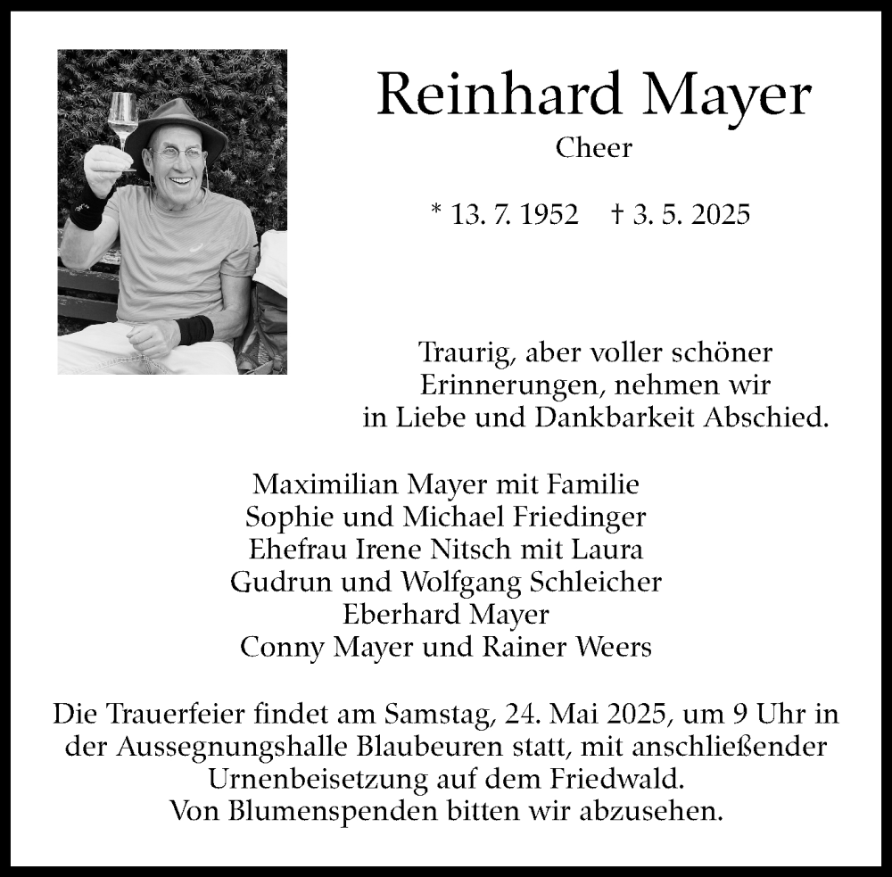  Traueranzeige für Reinhard Mayer vom 17.05.2025 aus Stuttgarter Zeitung / Stuttgarter Nachrichten