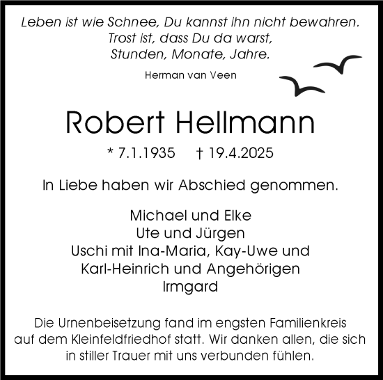 Traueranzeige von Robert Hellmann von Stuttgarter Zeitung / Stuttgarter Nachrichten