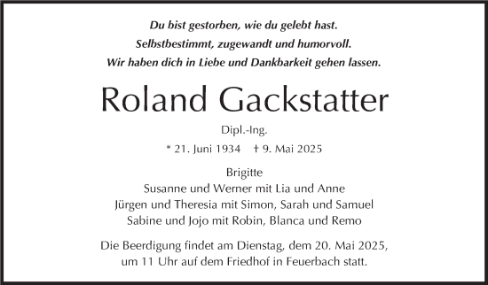 Traueranzeige von Roland Gackstatter von Stuttgarter Zeitung / Stuttgarter Nachrichten