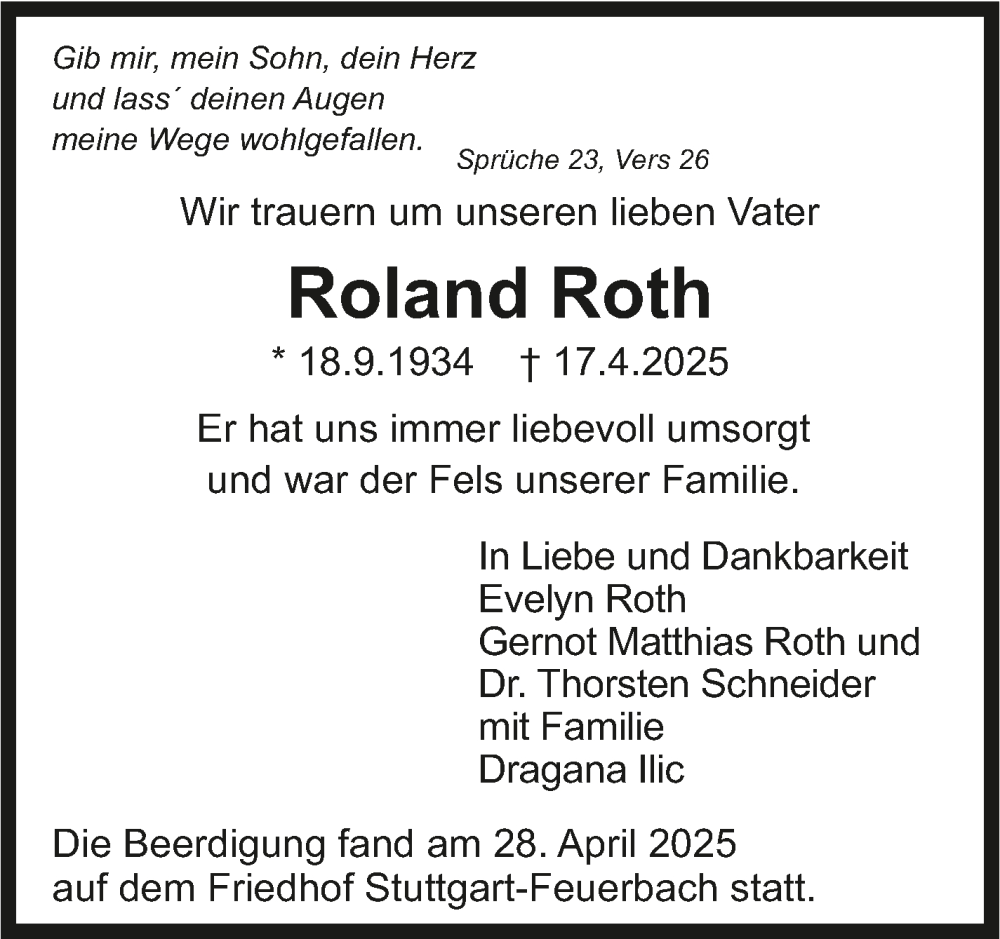  Traueranzeige für Roland Roth vom 10.05.2025 aus Stuttgarter Zeitung / Stuttgarter Nachrichten