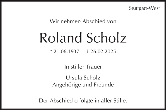 Traueranzeige von Roland Scholz von Stuttgarter Zeitung / Stuttgarter Nachrichten