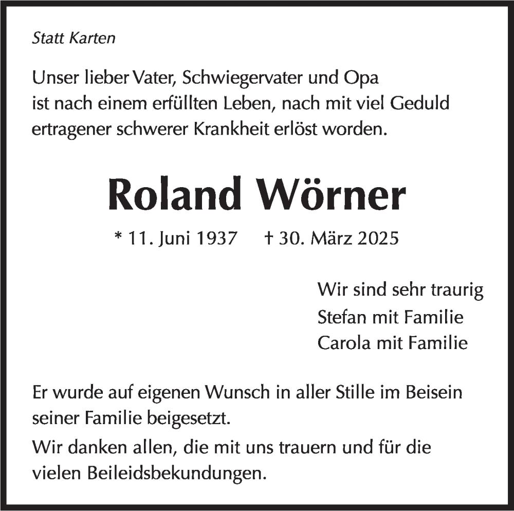  Traueranzeige für Roland Wörner vom 12.04.2025 aus Stuttgarter Zeitung / Stuttgarter Nachrichten