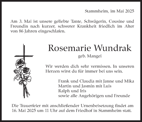 Traueranzeige von Rosemarie Wundrak von Stuttgarter Zeitung / Stuttgarter Nachrichten