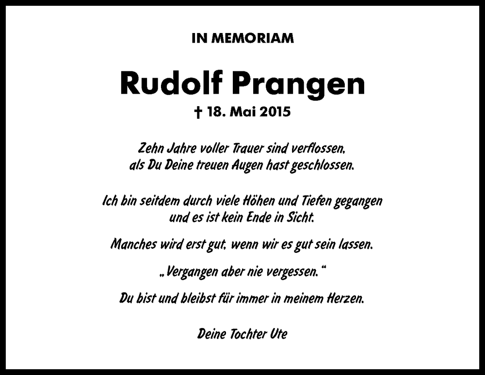  Traueranzeige für Rudolf Prangen vom 17.05.2025 aus Stuttgarter Zeitung / Stuttgarter Nachrichten