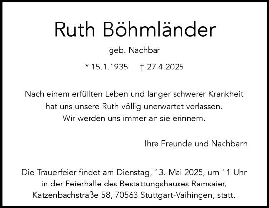Traueranzeige von Ruth Böhmländer von Stuttgarter Zeitung / Stuttgarter Nachrichten