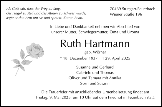 Traueranzeige von Ruth Hartmann von Stuttgarter Zeitung / Stuttgarter Nachrichten
