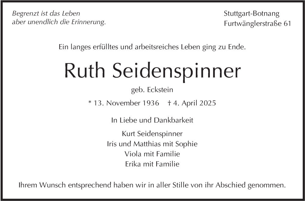  Traueranzeige für Ruth Seidenspinner vom 11.04.2025 aus Stuttgarter Zeitung / Stuttgarter Nachrichten