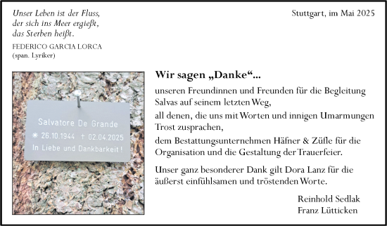 Traueranzeige von Salvatore De Grande von Stuttgarter Zeitung / Stuttgarter Nachrichten