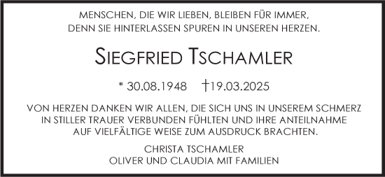 Traueranzeige von Siegrfried Tschamler von Stuttgarter Zeitung / Stuttgarter Nachrichten