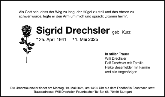 Traueranzeige von Sigrid Drechsler von Stuttgarter Zeitung / Stuttgarter Nachrichten