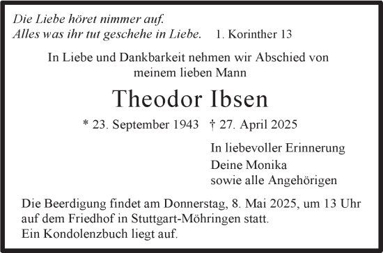 Traueranzeige von Theodor Ibsen von Stuttgarter Zeitung / Stuttgarter Nachrichten
