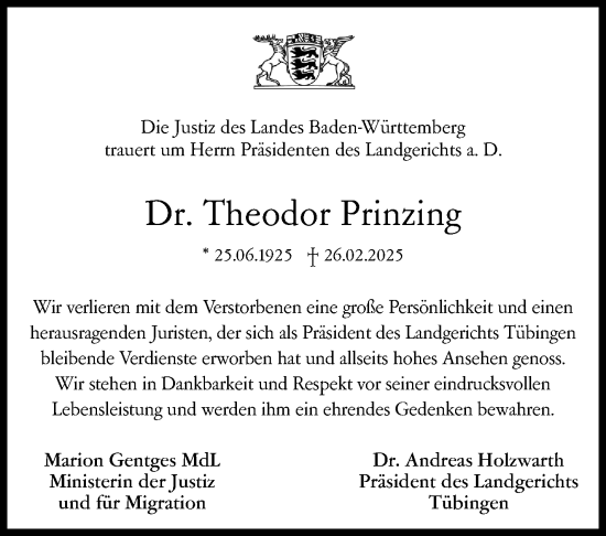 Traueranzeige von Theodor Prinzing von Stuttgarter Zeitung / Stuttgarter Nachrichten