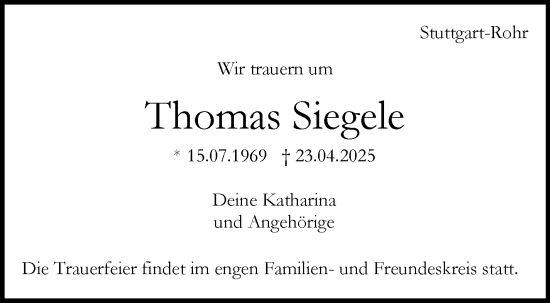 Traueranzeige von Thomas Siegele von Stuttgarter Zeitung / Stuttgarter Nachrichten