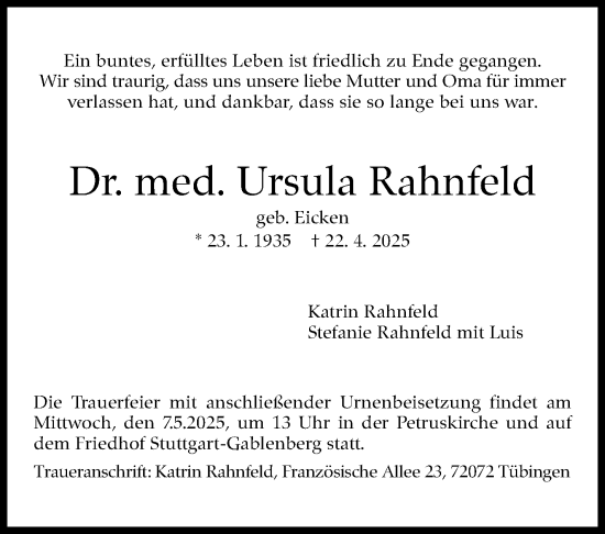 Traueranzeige von Ursula Rahnfeld von Stuttgarter Zeitung / Stuttgarter Nachrichten