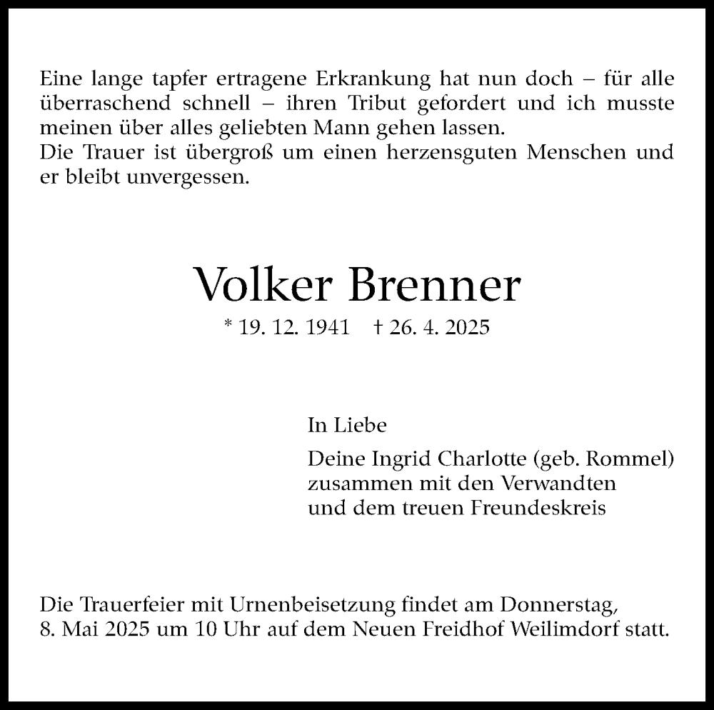  Traueranzeige für Volker Brenner vom 03.05.2025 aus Stuttgarter Zeitung / Stuttgarter Nachrichten
