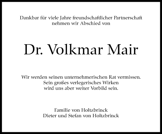 Traueranzeige von Volkmar Mair von Stuttgarter Zeitung / Stuttgarter Nachrichten