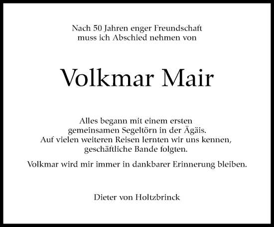 Traueranzeige von Volkmar Mair von Stuttgarter Zeitung / Stuttgarter Nachrichten