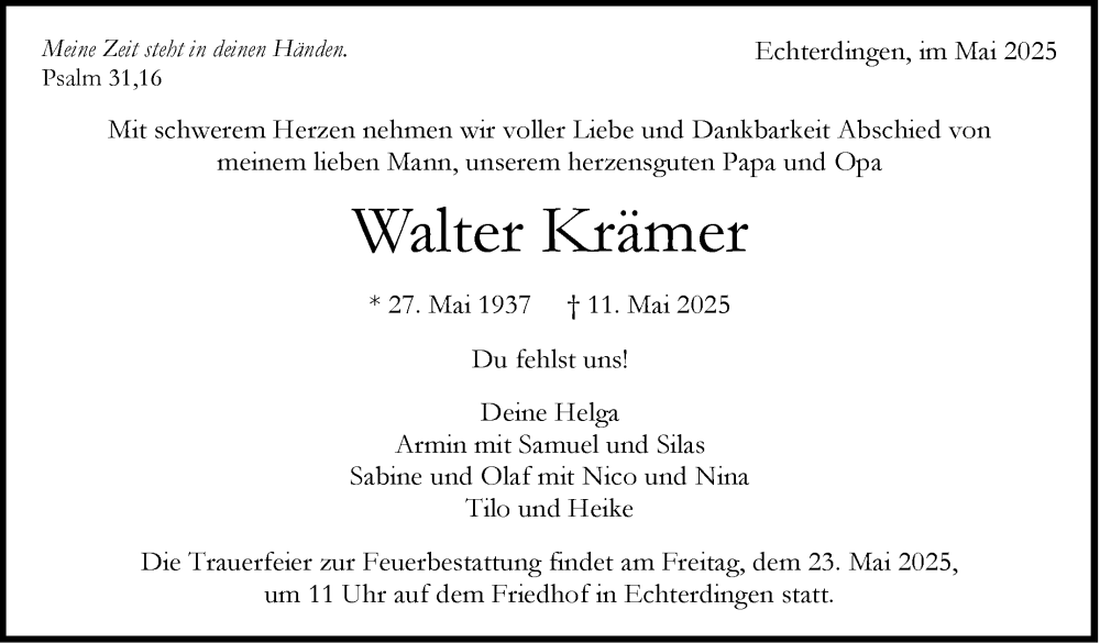  Traueranzeige für Walter Krämer vom 16.05.2025 aus Stuttgarter Zeitung / Stuttgarter Nachrichten