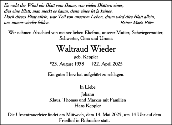 Traueranzeige von Waltraud Wieder von Stuttgarter Zeitung / Stuttgarter Nachrichten