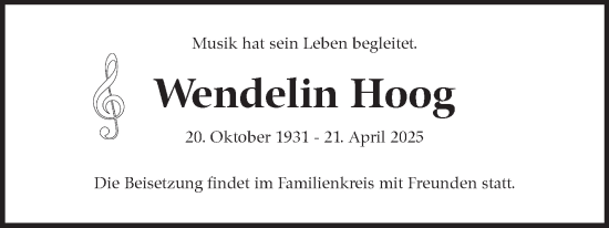 Traueranzeige von Wendelin Hoog von Stuttgarter Zeitung / Stuttgarter Nachrichten