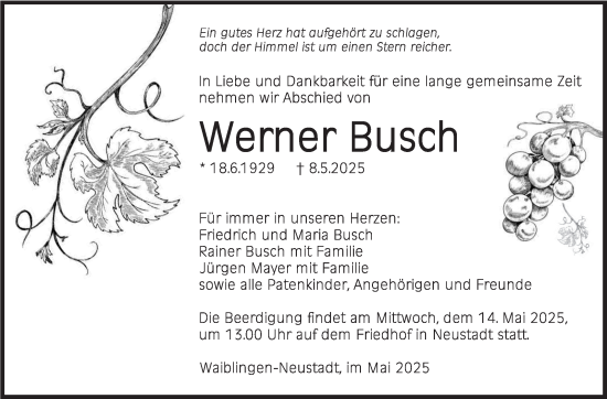 Traueranzeige von Werner Busch von Stuttgarter Zeitung / Stuttgarter Nachrichten