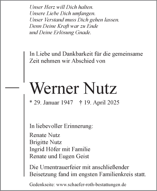 Traueranzeige von Werner Nutz von Stuttgarter Zeitung / Stuttgarter Nachrichten