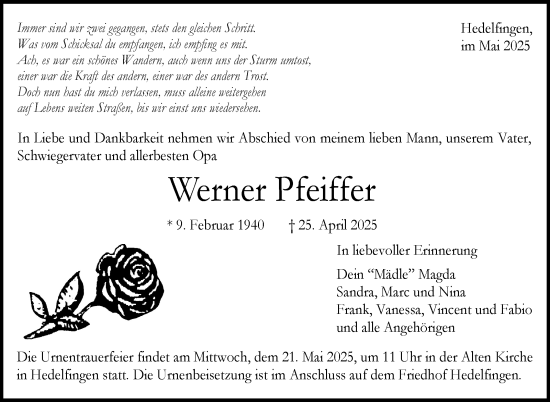 Traueranzeige von Werner Pfeiffer von Stuttgarter Zeitung / Stuttgarter Nachrichten