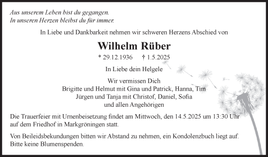 Traueranzeige von Wilhelm Rüber von Stuttgarter Zeitung / Stuttgarter Nachrichten