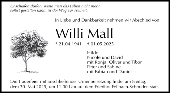 Traueranzeige von Willi Mall von Stuttgarter Zeitung / Stuttgarter Nachrichten