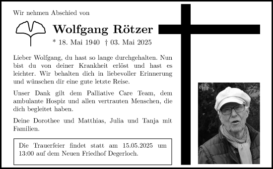 Traueranzeige von Wolfgang Rötzer von Stuttgarter Zeitung / Stuttgarter Nachrichten