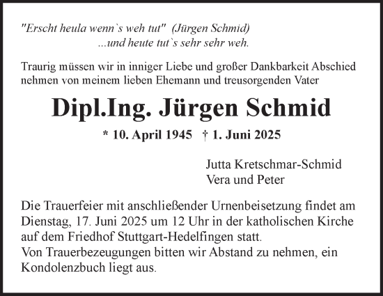 Traueranzeige von Jürgen Schmid von Stuttgarter Zeitung / Stuttgarter Nachrichten