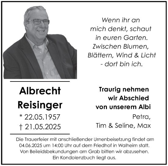 Traueranzeige von Albrecht Reisinger von Stuttgarter Zeitung / Stuttgarter Nachrichten