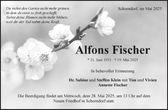 Traueranzeige von Alfons Fischer von Stuttgarter Zeitung / Stuttgarter Nachrichten