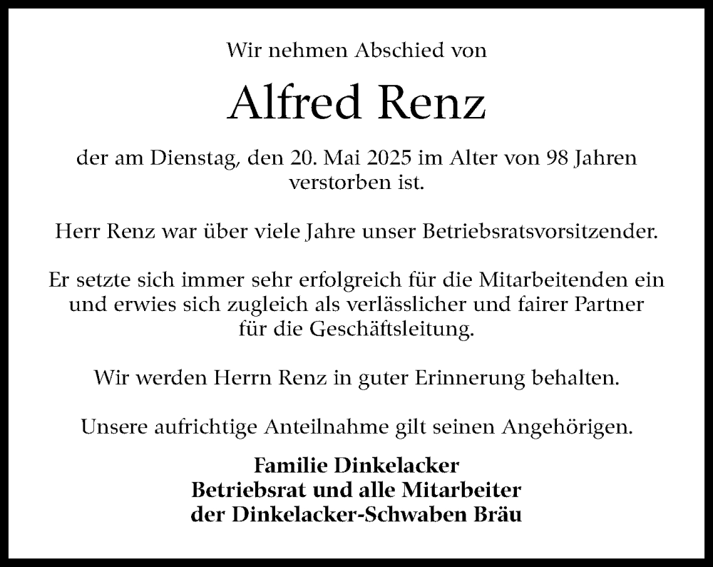  Traueranzeige für Alfred Renz vom 10.06.2025 aus Stuttgarter Zeitung / Stuttgarter Nachrichten